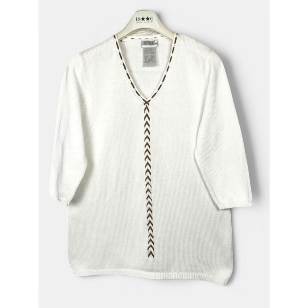 NWOT BASLER Cotton V-neck Suede Trim Sweater Top